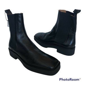 New Zara black leather pull on combat boots womens